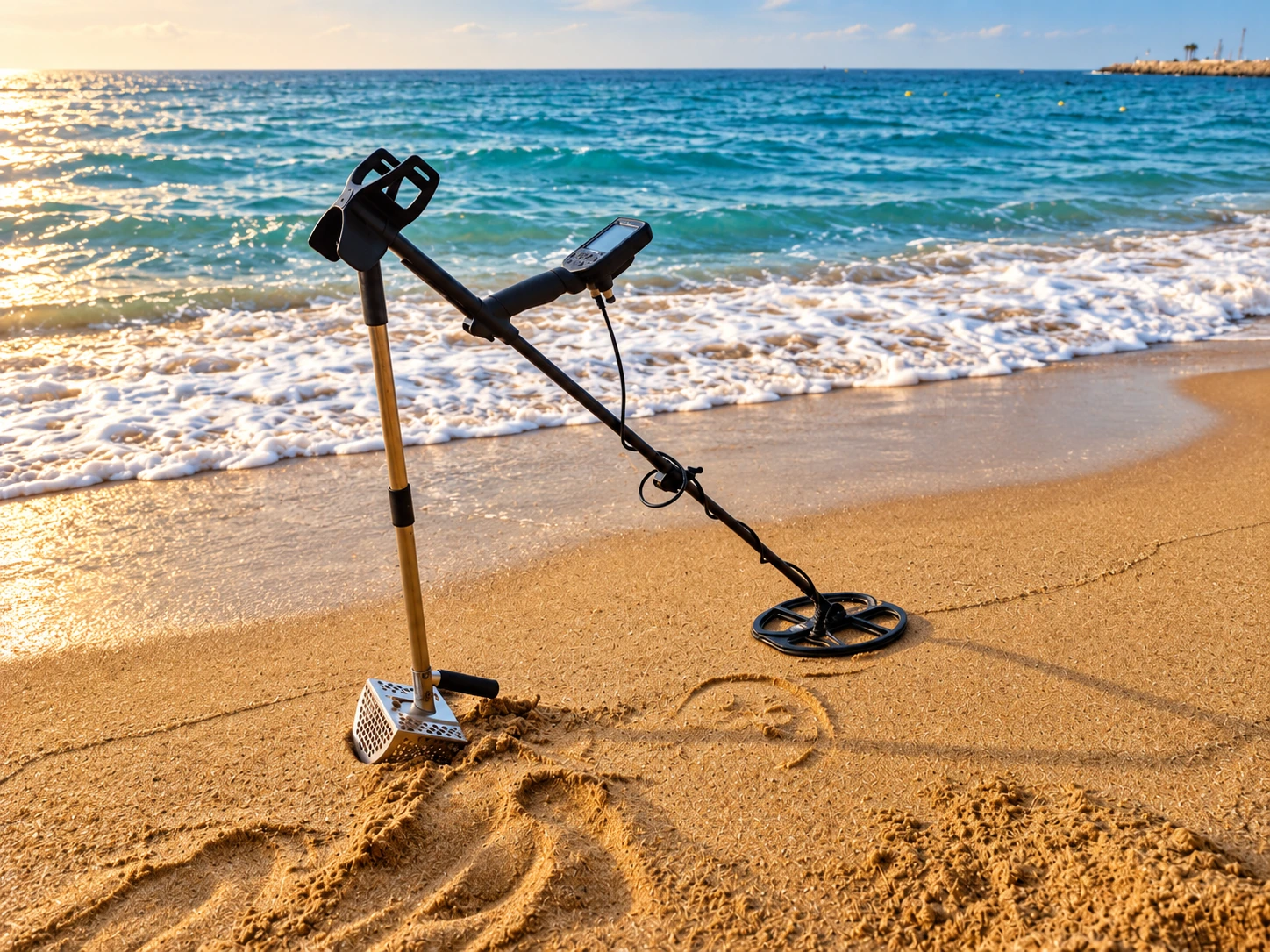Detector de metales y scoop junto a la orilla de una playa